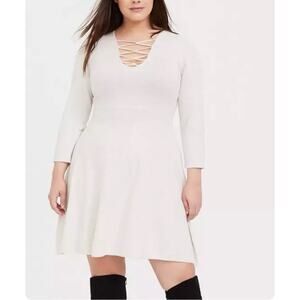 Torrid 1 Plus Size Mini Sweater Cross Front Skater Dress Oatmeal 3/4 Sleeve 1X